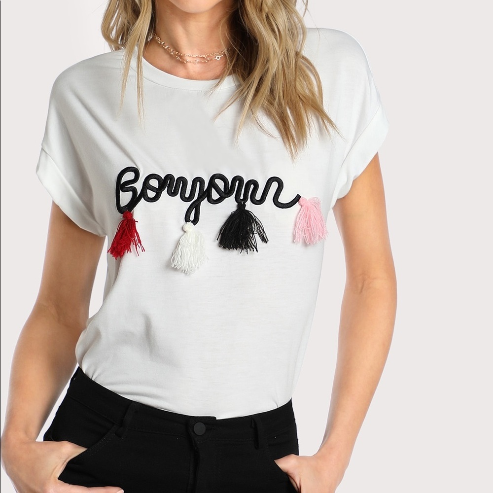 Bonjour Tassel Detail Graphic Tee | Soft Short Sleeve Top